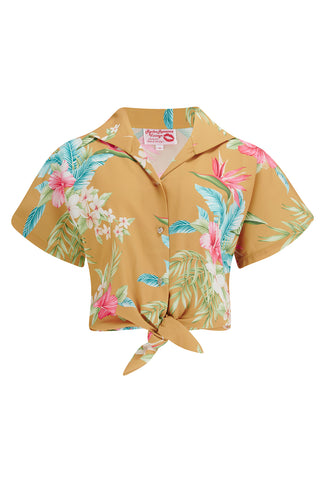 **Sample Sale** Tuck in or Tie Up "Maria" Blouse in Mustard Honolulu Print, Authentic 1950s - CC41, Goodwood Revival, Twinwood Festival, Viva Las Vegas Rockabilly Weekend Rock n Romance Rock n Romance