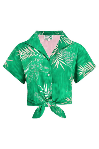 Tuck in or Tie Up "Maria" Blouse in Emerald Palm Print **End Of Line Item, When Its Gone Its Gone!!**