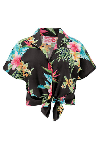 **Musterverkauf** „Maria“-Bluse zum Einstecken oder Binden mit marineblauem Honolulu-Print, authentische 1950er-Jahre