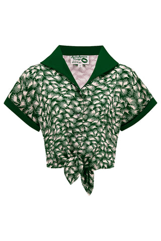 Tuck in or Tie Up "Maria" Blouse in Green Whisp With Solid Collar & Caps, Authentic 1950s