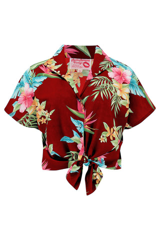 Tuck in or Tie Up "Maria" Blouse in Wine Honolulu Print, Authentic 1950s