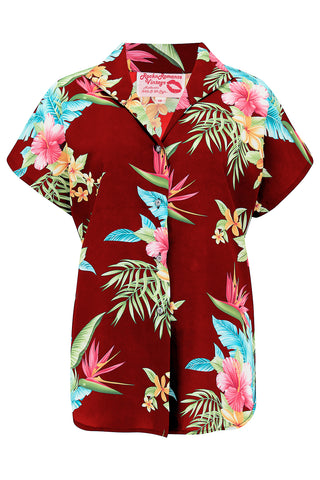 **Musterverkauf** „Maria“-Bluse zum Einstecken oder Binden mit marineblauem Honolulu-Print, authentische 1950er-Jahre