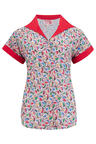 Tuck in or Tie Up "Maria" Blouse in Tutti Frutti Print With Contrast Red Collar & Sleeve Caps, True Authentic 1950s Style