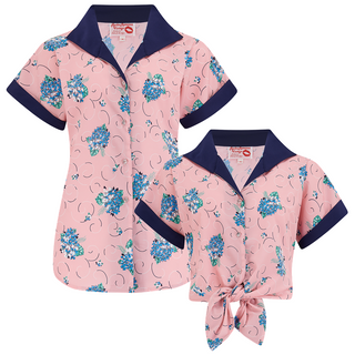 Tuck in or Tie Up "Maria" Blouse in Summer Boquet With Contrast Navy Collar & Sleeve Caps, True Authentic 1950s Style