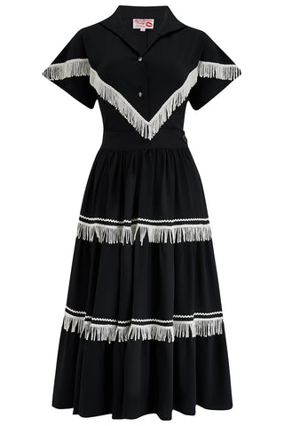 The "Nevada" Tuck in or Tie Up Patio Blouse in Black with Ivory Tassels, Classic Vintage Western Style