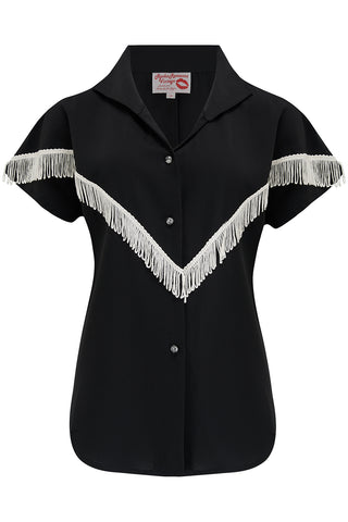 The "Nevada" Tuck in or Tie Up Patio Blouse in Black with Ivory Tassels, Classic Vintage Western Style