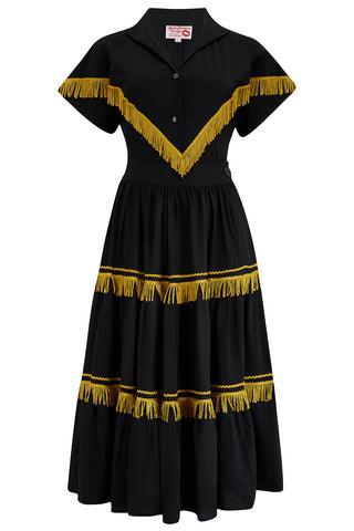 The "Nevada" Tuck in or Tie Up Patio Blouse in Black with Gold Tassels, Classic Vintage Western Style