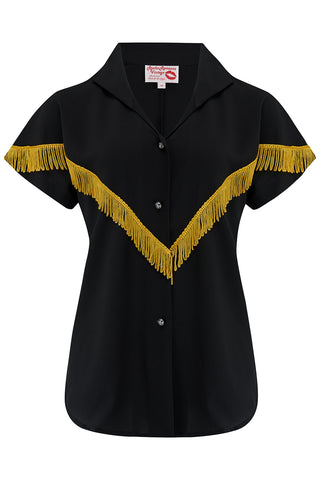 The "Nevada" Tuck in or Tie Up Patio Blouse in Black with Gold Tassels, Classic Vintage Western Style