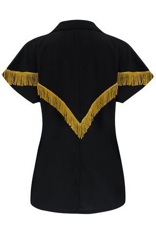 The "Nevada" Tuck in or Tie Up Patio Blouse in Black with Gold Tassels, Classic Vintage Western Style