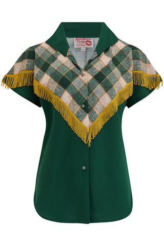 The "Nevada" Tuck in or Tie Up Patio Blouse in Green/Green Check with Gold Tassels, Classic Vintage Western Style