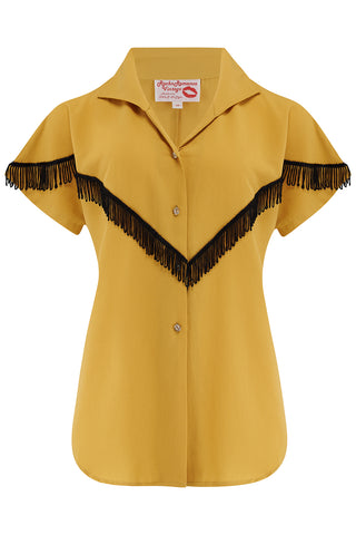 The "Nevada" Tuck in or Tie Up Patio Blouse in Mustard with Black Tassels, Classic Vintage Western Style