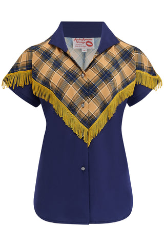 The "Nevada" Tuck in or Tie Up Patio Blouse in Navy/Mustard Check with Gold Tassels, Classic Vintage Western Style