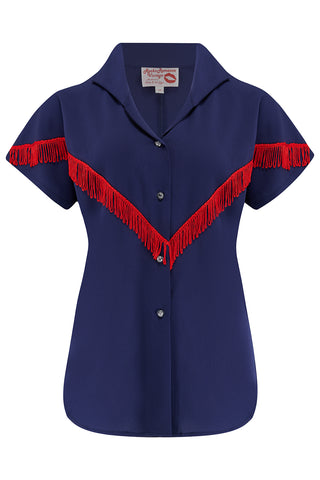 The "Nevada" Tuck in or Tie Up Patio Blouse in Navy with Red Tassels, Classic Vintage Western Style