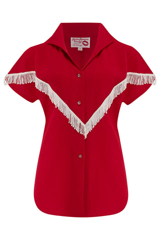 The "Nevada" Tuck in or Tie Up Patio Blouse in Red with Ivory Tassels, Classic Vintage Western Style