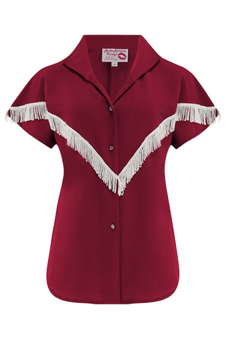 The "Nevada" Tuck in or Tie Up Patio Blouse in Wine with Ivory Tassels, Classic Vintage Western Style