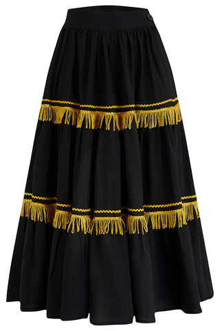 The "Nevada" Patio Skirt In Black With Gold Fringe Tassels & RicRac, Authentic 1950s Western Style