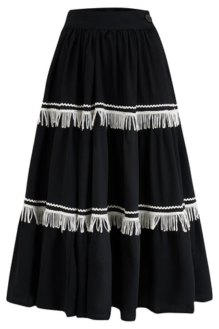 The "Nevada" Patio Skirt In Black With Ivory Fringe Tassels & RicRac, Authentic 1950s Western Style