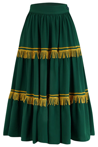 The "Nevada" Patio Skirt In Green With Gold Fringe Tassels & RicRac, Authentic 1950s Western Style