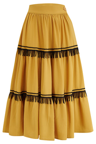 The "Nevada" Patio Skirt In Mustard With Black Fringe Tassels & RicRac, Authentic 1950s Western Style