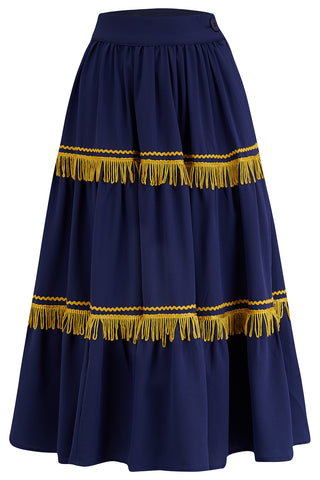 The "Nevada" Patio Skirt In Navy With Gold Fringe Tassels & RicRac, Authentic 1950s Western Style