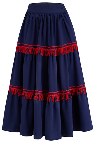 The "Nevada" Patio Skirt In Navy With Red Fringe Tassels & RicRac, Authentic 1950s Western Style