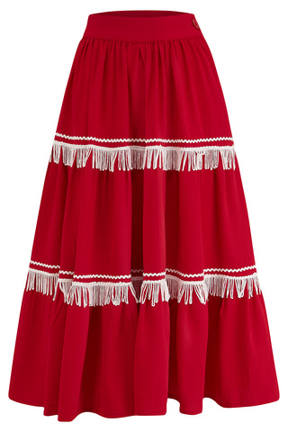 The "Nevada" Patio Skirt In Red With Ivory Fringe Tassels & RicRac, Authentic 1950s Western Style