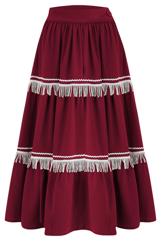 The "Nevada" Patio Skirt In Wine With Ivory Fringe Tassels & RicRac, Authentic 1950s Western Style