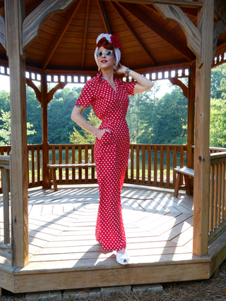 "Lauren" Siren Suit in Red with Polka Spots, Classic 1940s Vintage Holywood Style Inspired