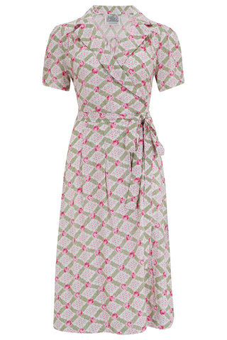 "Peggy" Wrap Dress Rose Kiss Print, Classic 1940s True Vintage Style