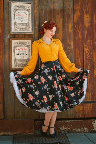 "Isabelle" Skirt in Black Mayflower, Classic & Authentic 1940s Vintage Inspired Style