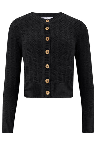 The "Sandra" Textured Diamond Knit Cardigan in Black, 1940s & 50s Vintage Style