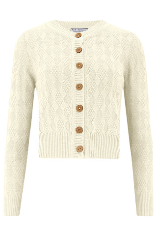 The "Sandra" Textured Diamond Knit Cardigan in Cream, 1940s & 50s Vintage Style