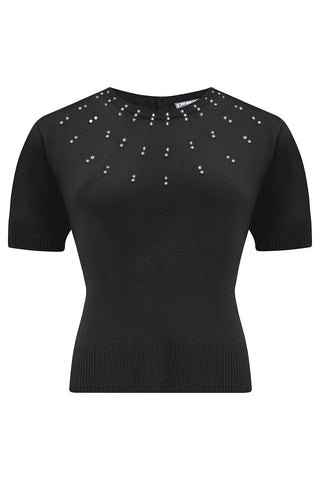 The "Tallulah" Diamanté & Pearl Short Sleeve Pullover in Black, Classic 1940s & 50s Vintage Style