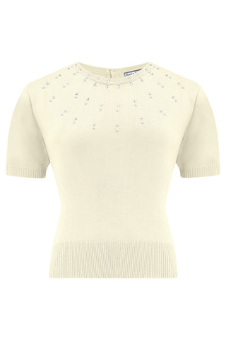 The "Tallulah" Diamanté & Pearl Short Sleeve Pullover in Cream, Classic 1940s & 50s Vintage Style