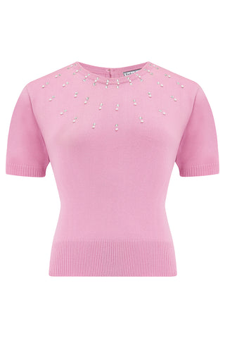 The "Tallulah" Diamanté & Pearl Short Sleeve Pullover in Rose Pink, Classic 1940s & 50s Vintage Style