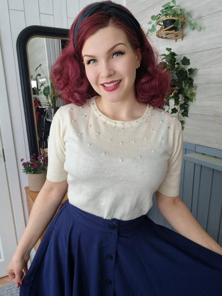 The "Beverly" Button Front Full Circle Skirt with Pockets in Solid Navy, Authentic 1950s Vintage Style