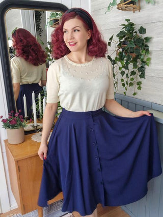 The "Beverly" Button Front Full Circle Skirt with Pockets in Solid Navy, Authentic 1950s Vintage Style