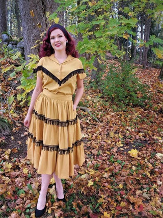 The "Nevada" Tuck in or Tie Up Patio Blouse in Mustard with Black Tassels, Classic Vintage Western Style