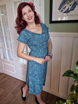 The “Dita" V Neck Sheath Dress in Melody Print, True 1950s Vintage Style