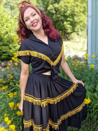 The "Nevada" Patio Skirt In Black With Gold Fringe Tassels & RicRac, Authentic 1950s Western Style