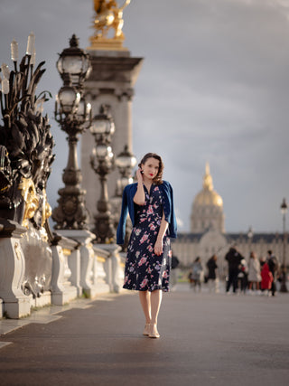 "Peggy" Wrap Dress in Navy Mayflower, Classic 1940s Vintage Style