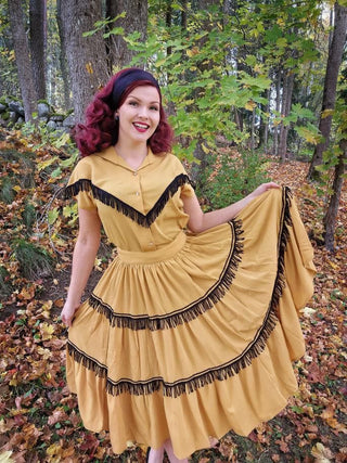 The "Nevada" Tuck in or Tie Up Patio Blouse in Mustard with Black Tassels, Classic Vintage Western Style