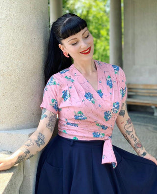 **Sample Sale** The "Darla" Short Sleeve Wrap Blouse in Pink Summer Bouquet , True 1940s-50s Vintage Style - CC41, Goodwood Revival, Twinwood Festival, Viva Las Vegas Rockabilly Weekend Rock n Romance Rock n Romance