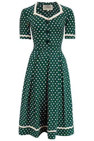 The Francoise Dress in Green Polka With Ivory Contrasts, By The Seamstress of Bloomsbury, Authentic 1940s Vintage Style at its Best