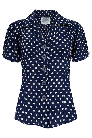 "Grace" Blouse in Navy Polka Dot, Classic 1940s Vintage Style