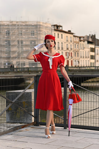 Patti 1940s Nautical Sailor Dress in Red, Authentic true vintage style