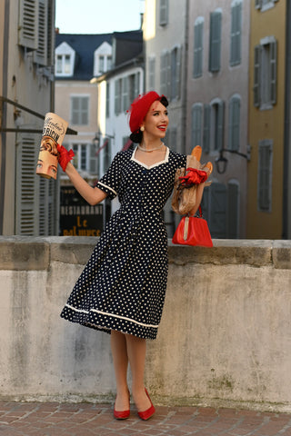 The Francoise Dress in Navy Polka With Ivory Contrasts, By The Seamstress of Bloomsbury, Authentic 1940s Vintage Style at its Best