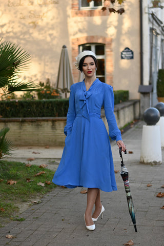 "Eva" Dress in Palace Blue, Classic 1940's Style Long Sleeve Dress with Pussy Bow Tie Neck