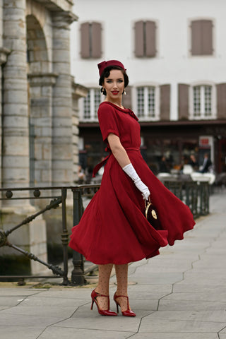 "Cindy" Dress in Windsor Wine by The Seamstress Of Bloomsbury, Classic 1940s Vintage Inspired Style