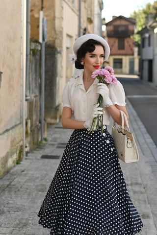 "Isabelle" Skirt in Navy with white polka, Classic & Authentic 1940s Vintage Inspired Style